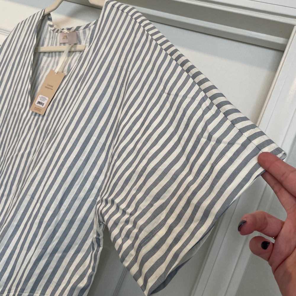 NWT LATTELOVE Linen Cotton Oversized Blue White Striped Shift Dress L - Picture 5 of 9